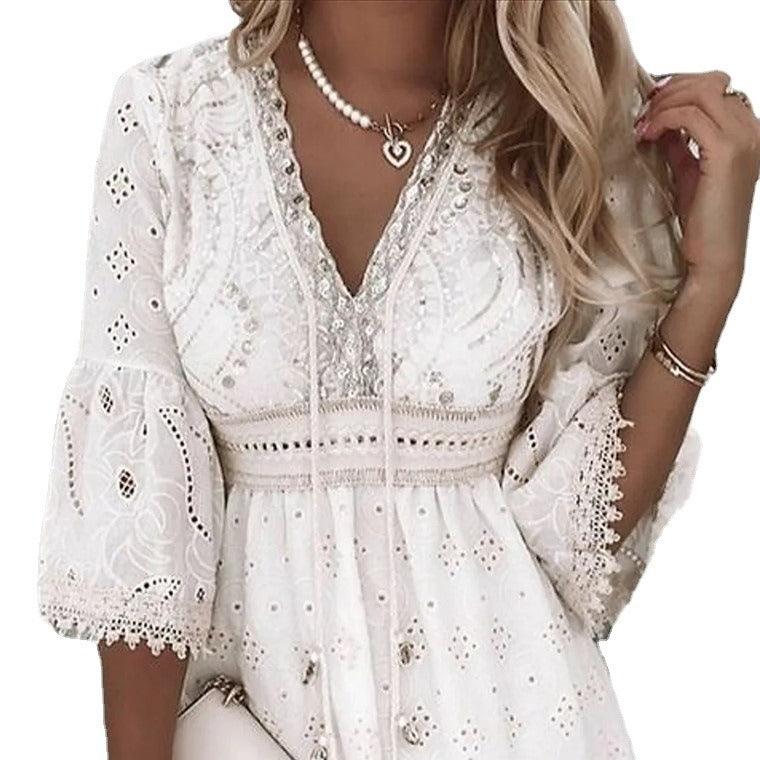Lace Embroidered Romance Dress - Sweet and Fresh Floral Cotton Dress for Women with delicate floral embroidery design.