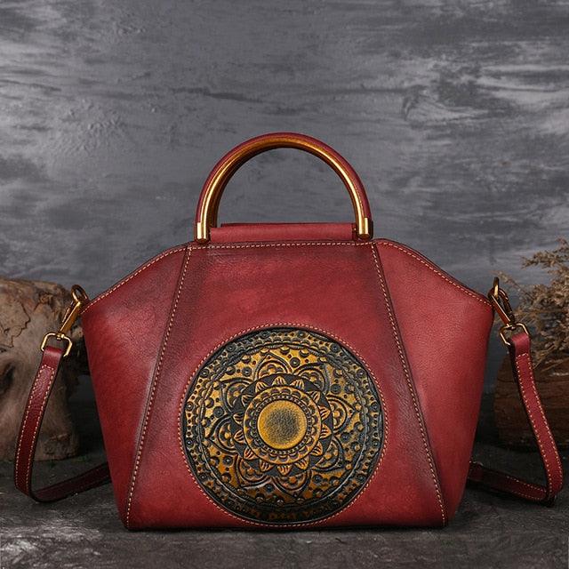 Mandala Embossed Leather Shoulder Bag with intricate mandala design, handcrafted from genuine cowhide and tooled leather.
