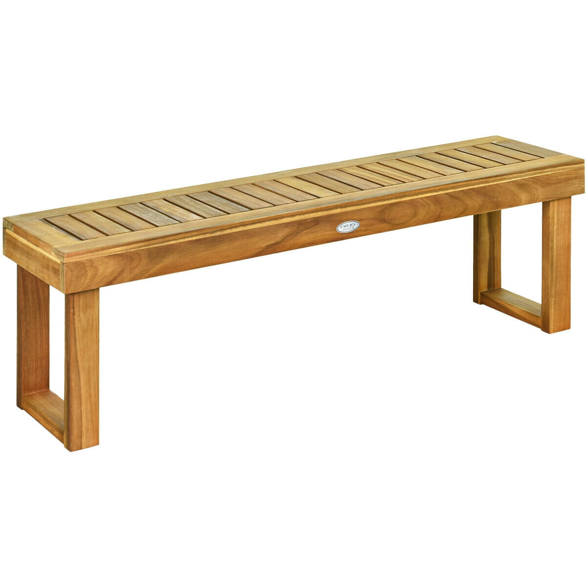 52 Inch Acacia Wood Dining Bench with Slatted Seat, durable and waterproof, ideal for patio use.