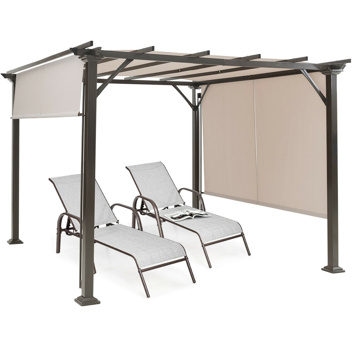 10 x 10 Feet Metal Frame Patio Furniture Shelter-Beige with waterproof canopy and recliners for outdoor weather resistance and shade