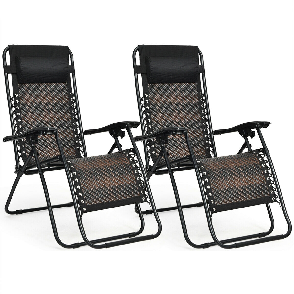 2 Pieces Folding Patio Rattan Zero Gravity Lounge Chair-Brown set with durable steel frame and premium rattan seat