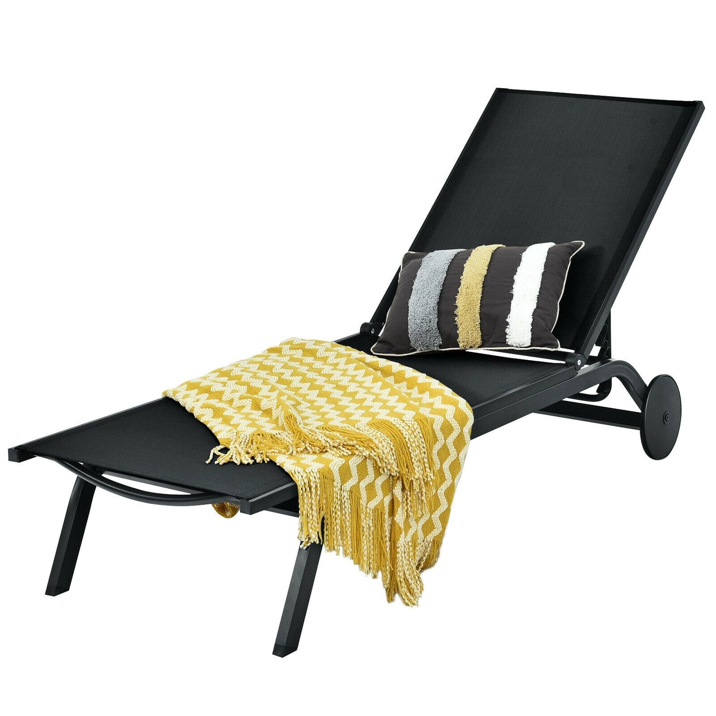 Aluminum Fabric Outdoor Patio Lounge Chair with Adjustable Reclining -Black with pillow and blanket on white background