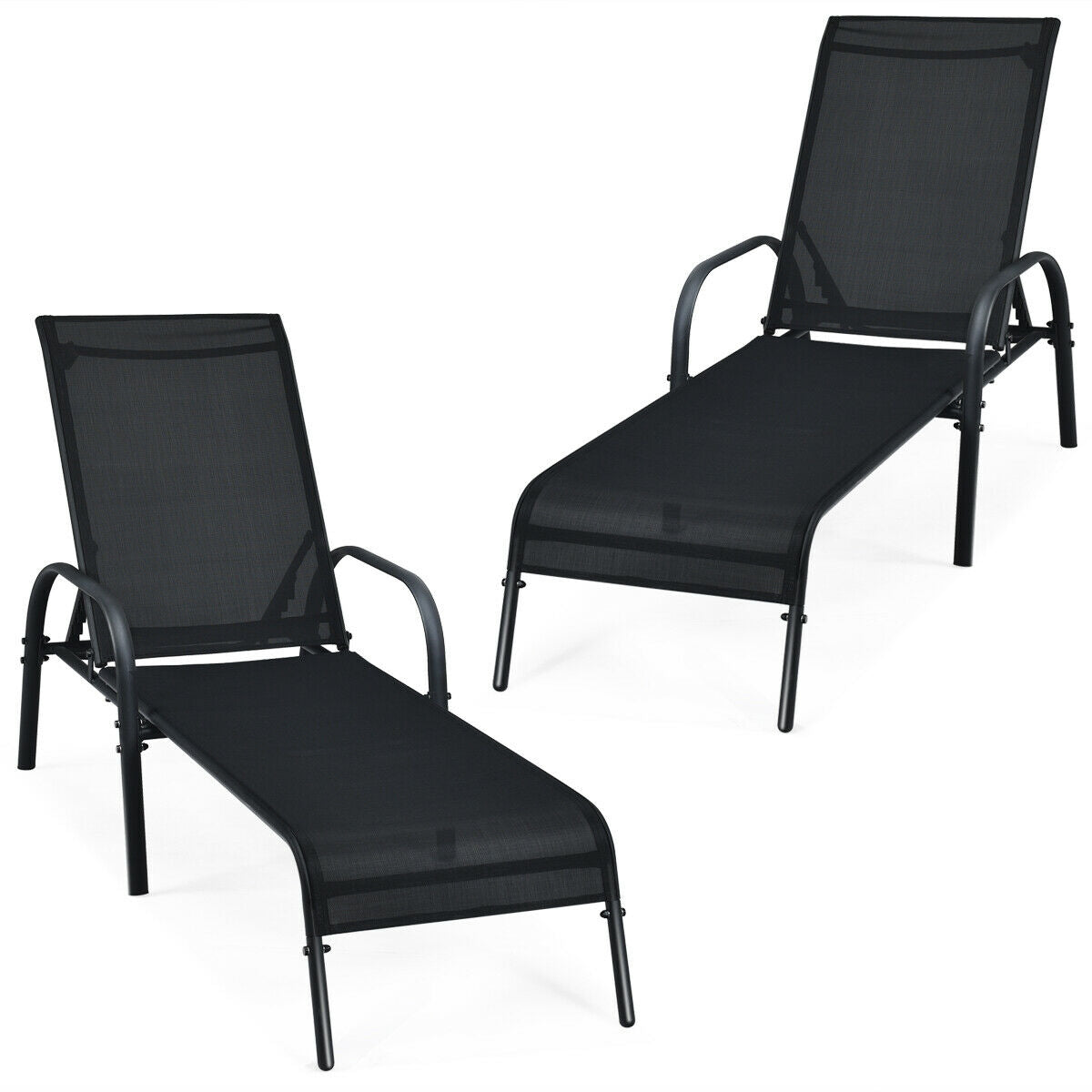 2 Pcs Outdoor Patio Lounge Chair Chaise Fabric with Adjustable Reclining Armrest, steel frame, ideal for patio or poolside