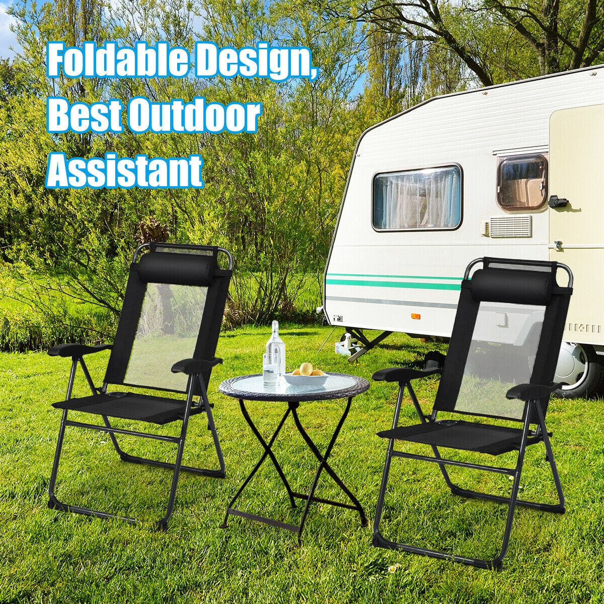 4 Pieces Patio Garden Adjustable Reclining Folding Chairs with Headrest-Black next to a caravan with foldable design