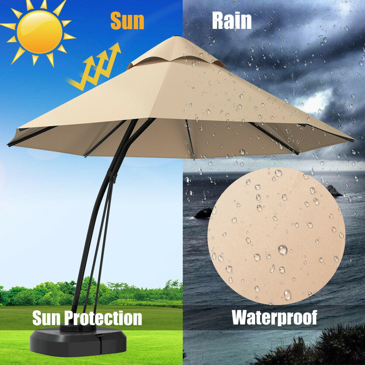 11 Feet Outdoor Cantilever Hanging Umbrella with Base and Wheels-Beige, showing sun protection and waterproof features.