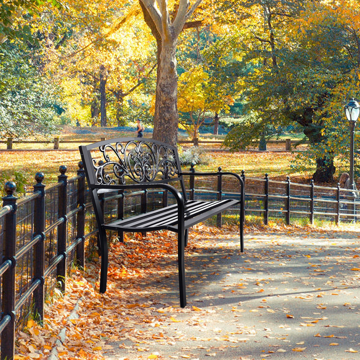 50 Inch Patio Park Steel Frame Cast Iron Backrest Bench Porch Chair in scenic autumn park setting