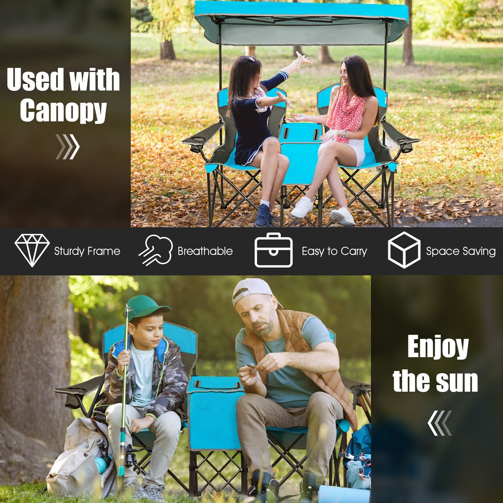 Portable Folding Camping Canopy Chairs with Cup Holder-Blue used by two pairs outdoors; features canopy, cup holder, and cooler bag.