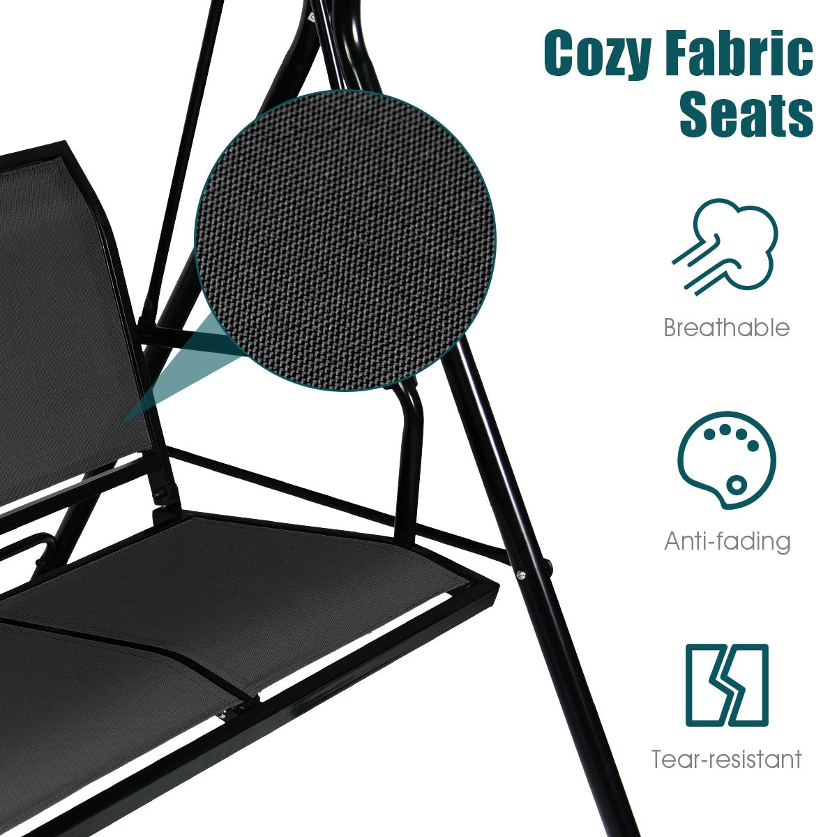 3 Person Patio Swing with Polyester Angle Adjustable Canopy featuring tear-resistant breathable anti-fading fabric seats