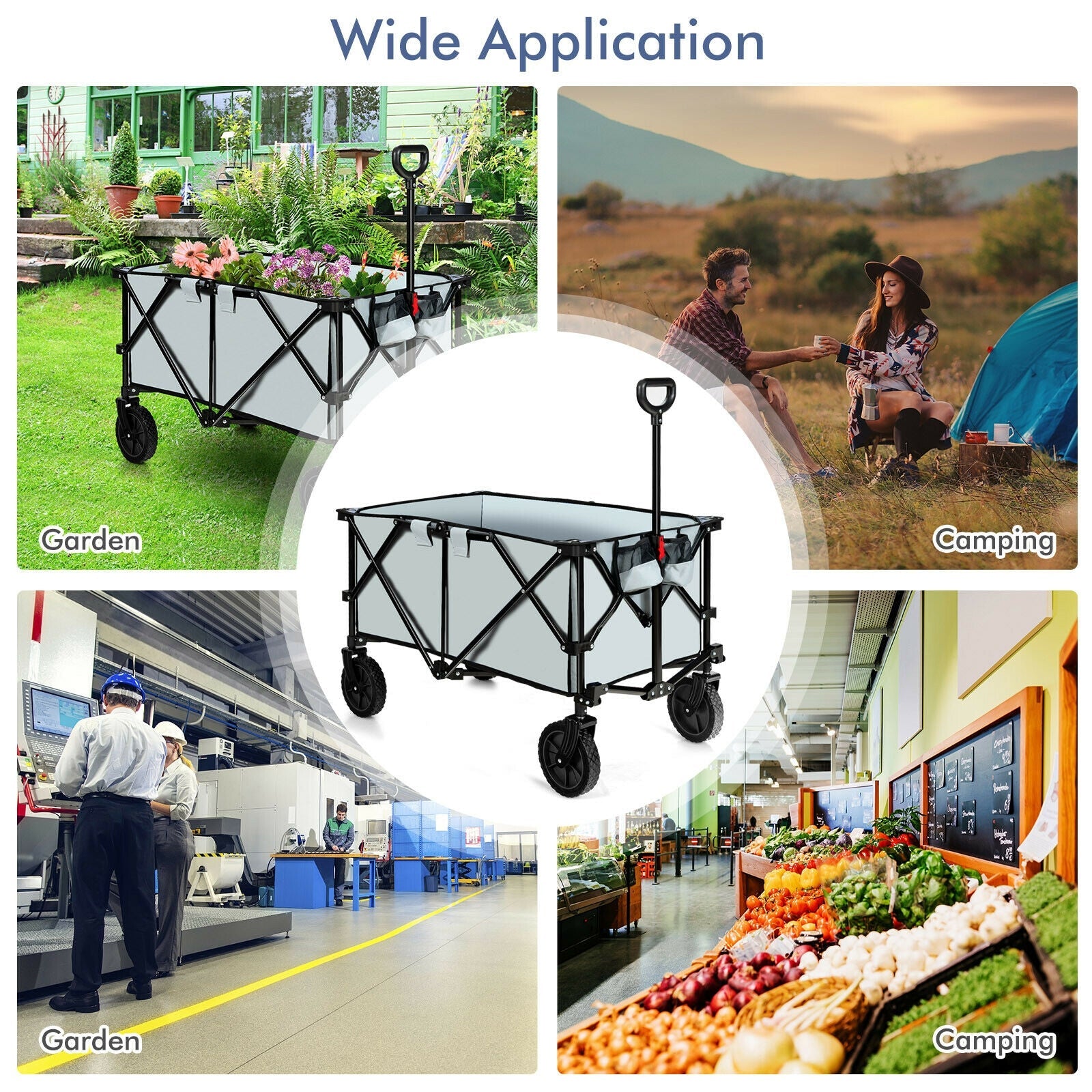 Outdoor Folding Wagon Cart with Adjustable Handle and Universal Wheels-Gray shown in various settings like garden and camping