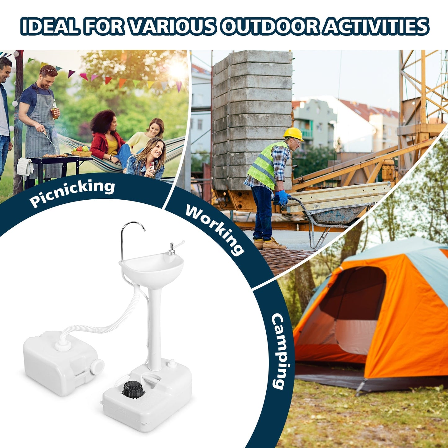 Camping Hand Wash Station Basin Stand with 4.5 Gallon Tank for picnicking, working, and camping outdoors.