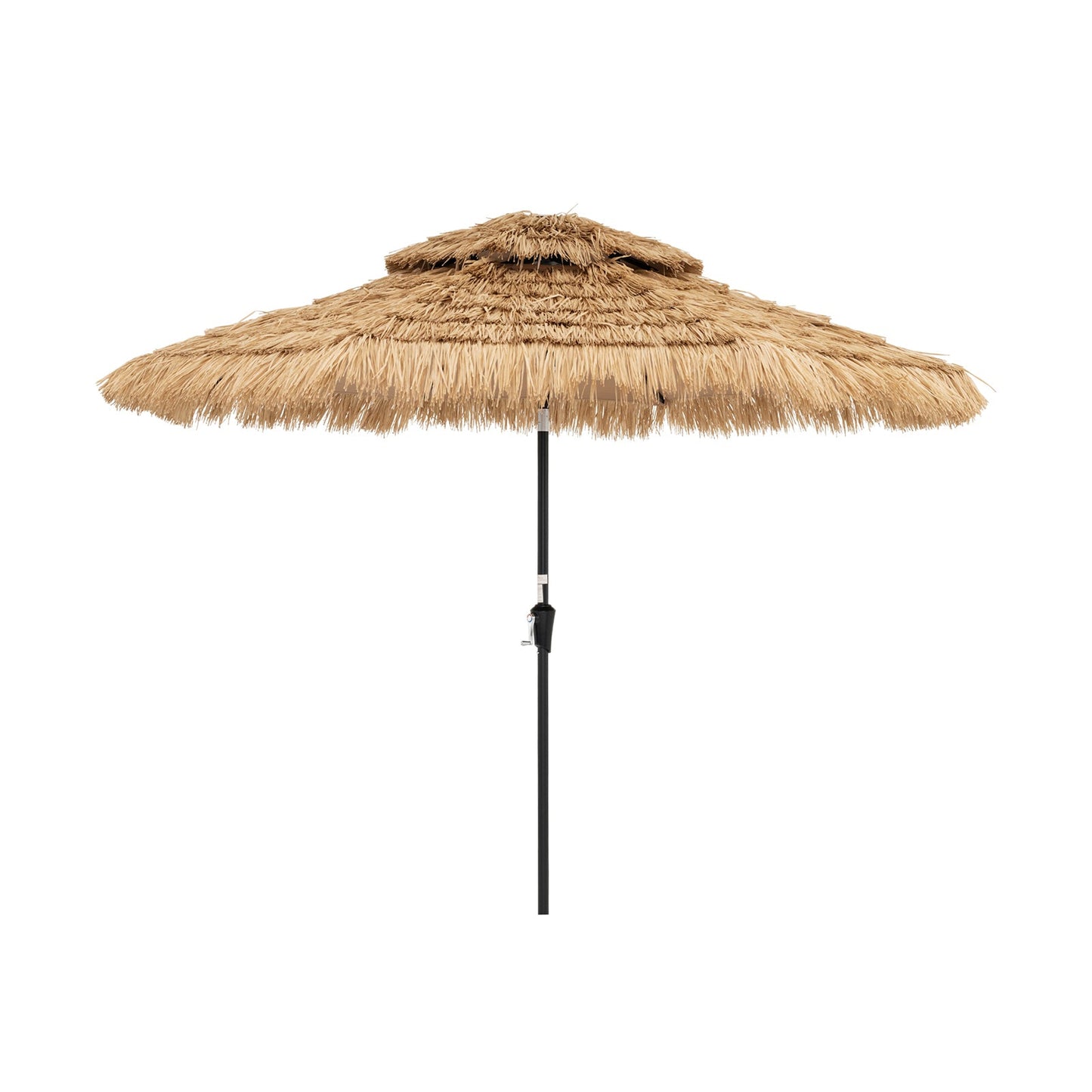 9 Feet Solar Powered Thatched Tiki Patio Umbrella with Led Lights, featuring 9-tier canopy and durable build, perfect for outdoor shade.