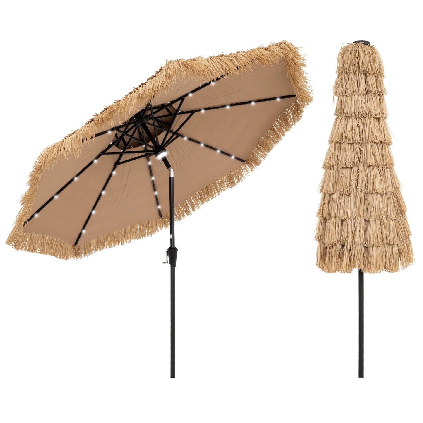 9 Feet Solar Powered Thatched Tiki Patio Umbrella with Led Lights, featuring 9 tier thatch and 32 LED lights, shown open and closed.