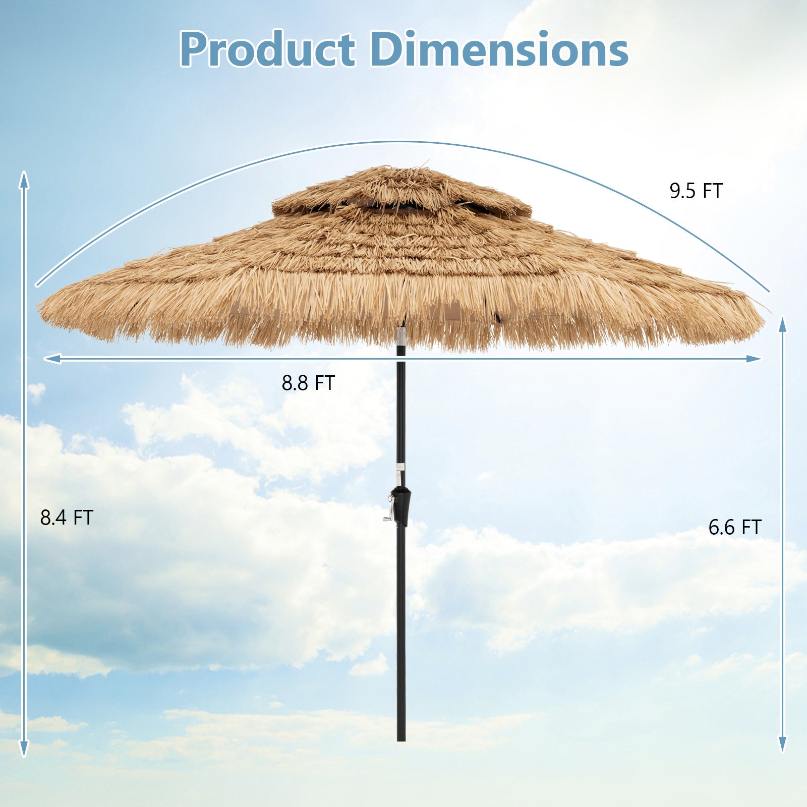 9 Feet Solar Powered Thatched Tiki Patio Umbrella with Led Lights dimensions and thatched canopy.