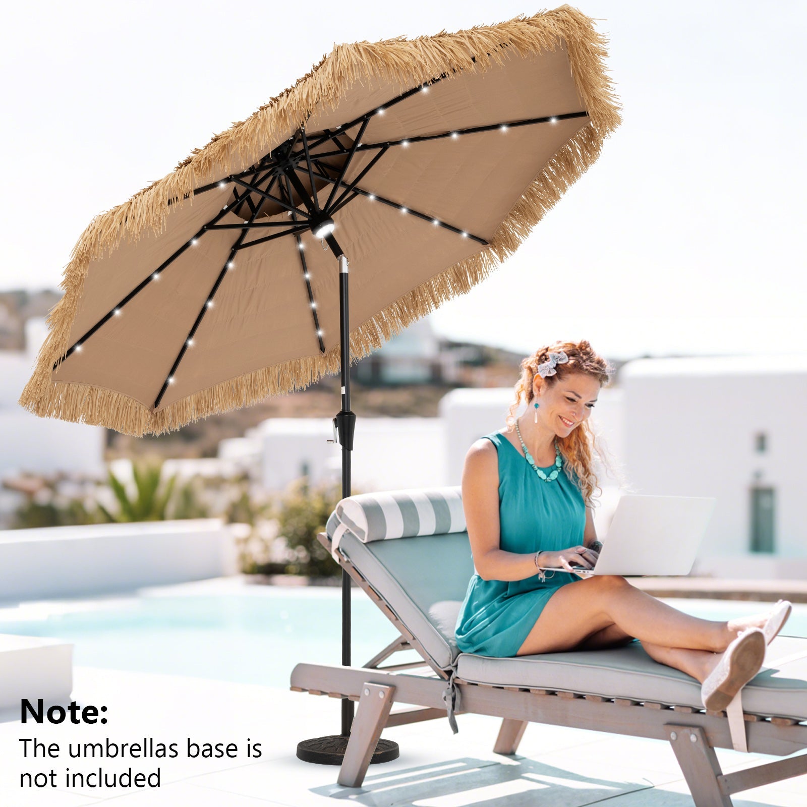 9 Feet Solar Powered Thatched Tiki Patio Umbrella with Led Lights by a pool