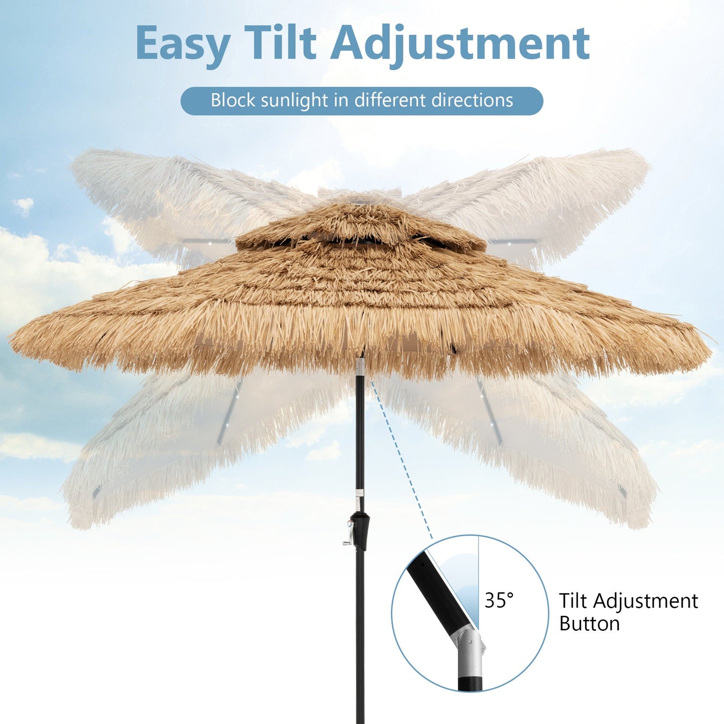 9 Feet Solar Powered Thatched Tiki Patio Umbrella with Led Lights showcasing easy tilt adjustment for flexible shading options
