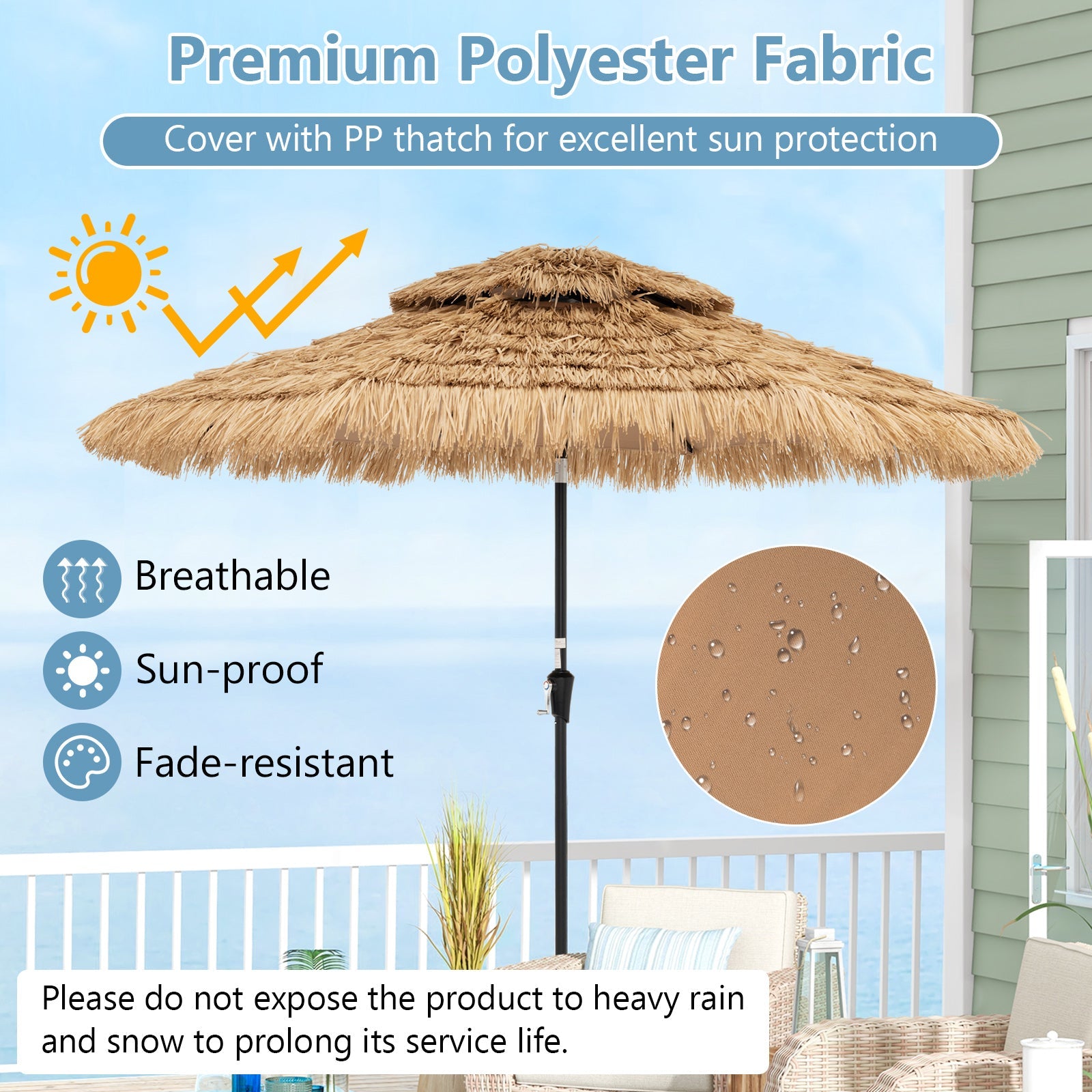 9 Feet Solar Powered Thatched Tiki Patio Umbrella with Led Lights, premium polyester fabric, sun-proof, breathable, fade-resistant