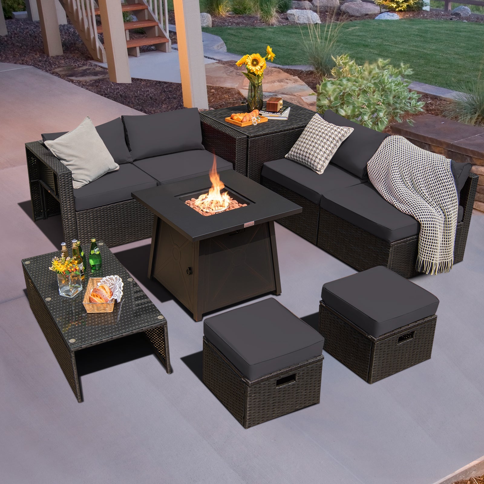 9 Piece Weatherproof Rattan Patio Conversation Set with 30 Inches Propane Fire Pit Table and Dust Covers-Gray on patio