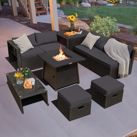 9 Piece Weatherproof Rattan Patio Conversation Set with 30 Inches Propane Fire Pit Table and Dust Covers-Gray on patio