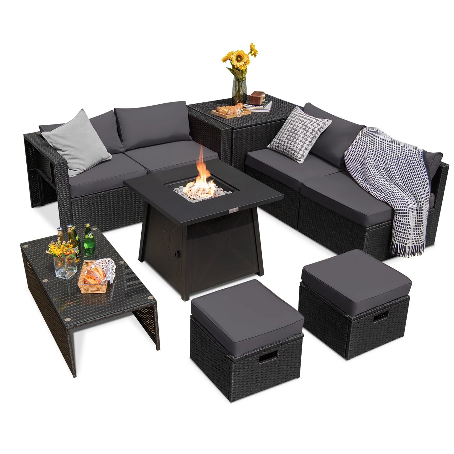 9 Piece Weatherproof Rattan Patio Conversation Set with 30 Inches Propane Fire Pit Table and Dust Covers-Gray outdoor furniture