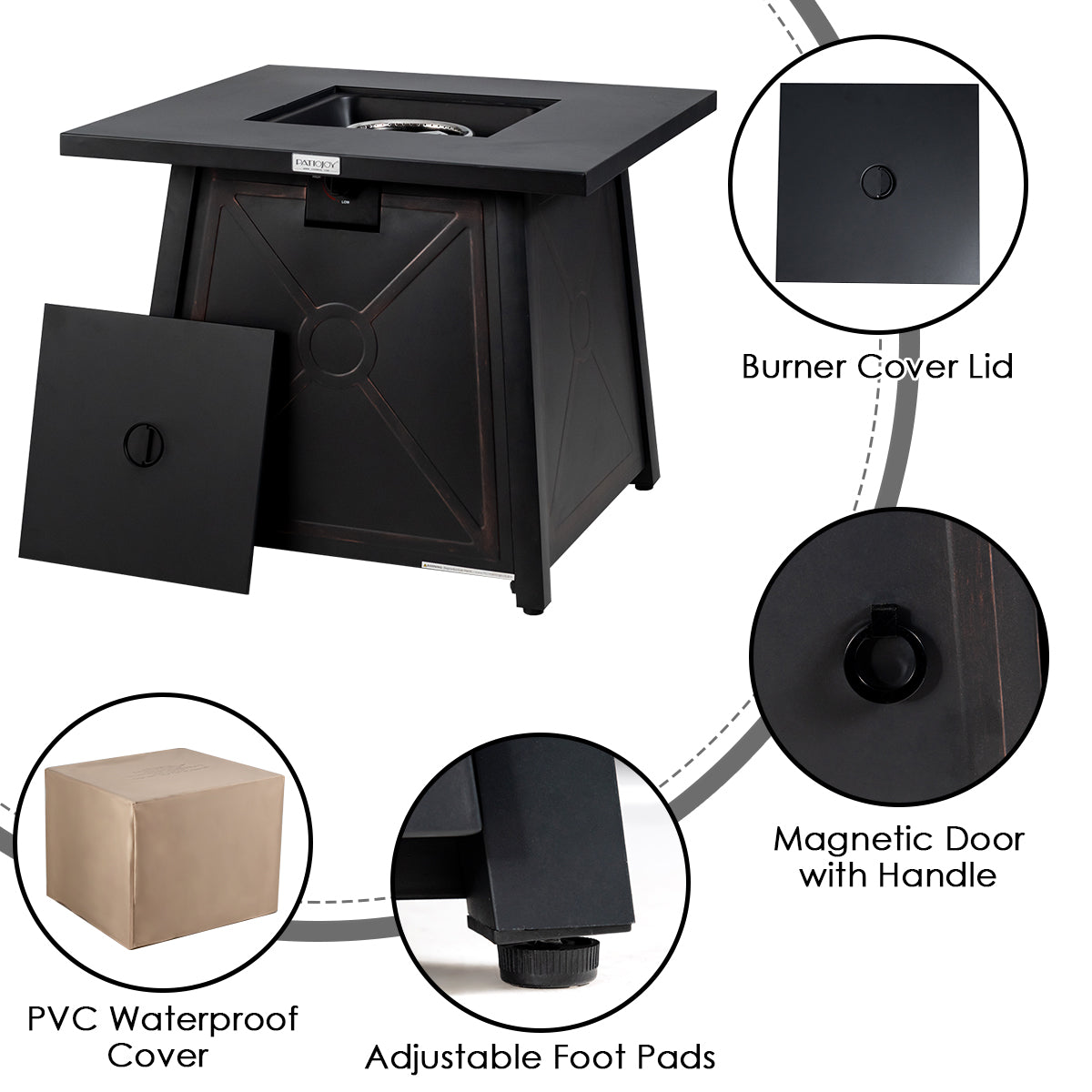 30 Inches Propane Fire Pit Table for 9 Piece Weatherproof Rattan Patio Conversation Set with burner cover, magnetic door, and PVC cover