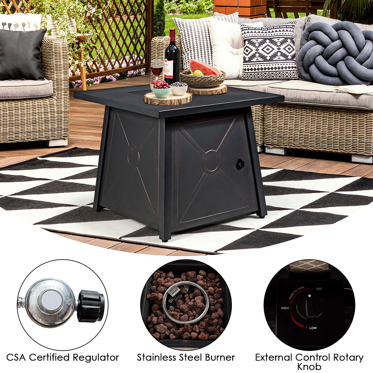 9 Piece Weatherproof Rattan Patio Conversation Set with 30 Inches Propane Fire Pit Table and Dust Covers-Gray featuring CSA and ETL certification, black fire pit table, and cozy seating setup.