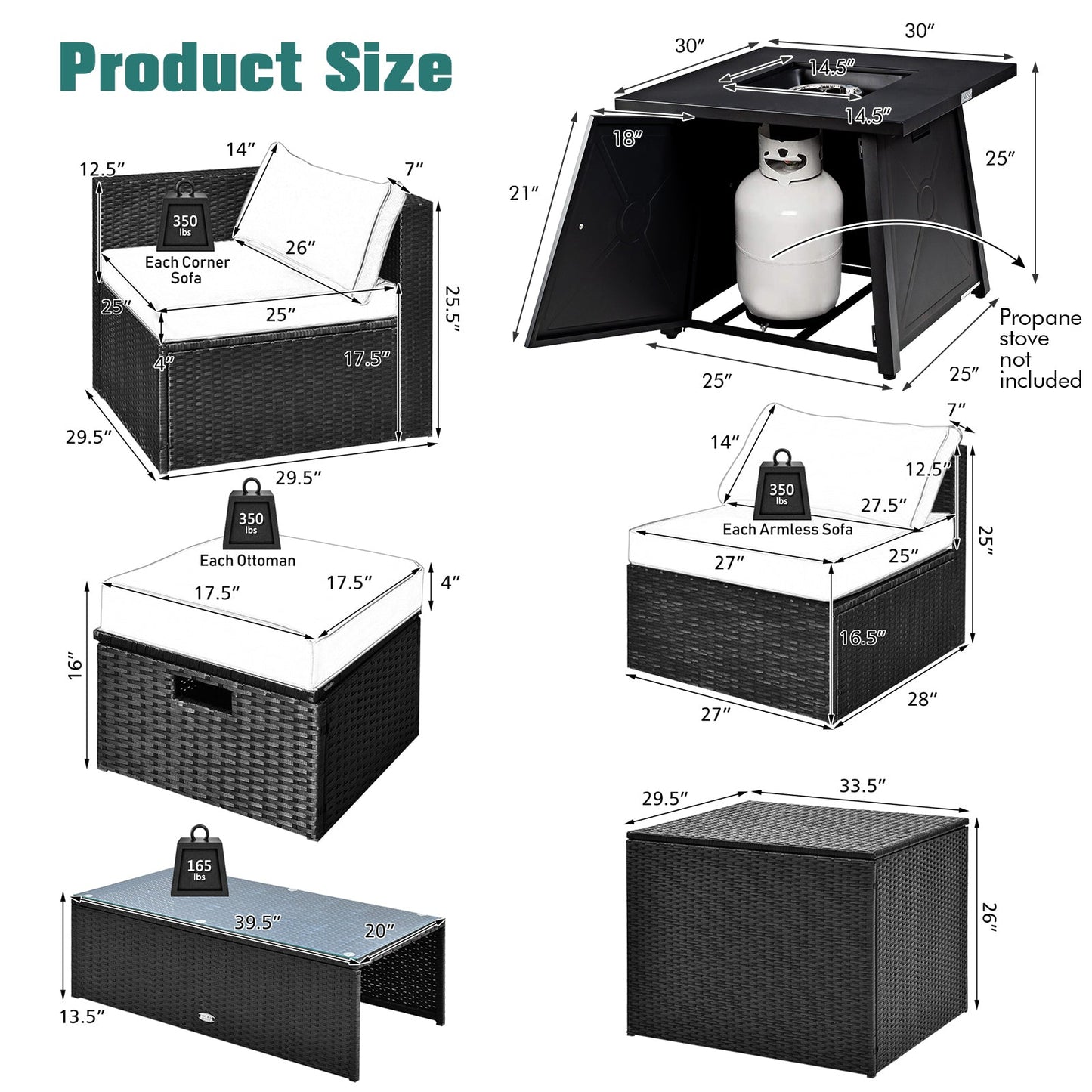 Dimension details of 9 Piece Weatherproof Rattan Patio Conversation Set with 30 Inches Propane Fire Pit Table and Dust Covers-Gray