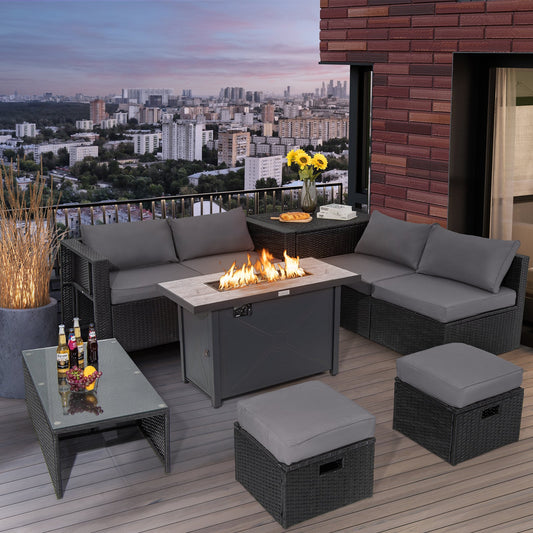 9 Pieces Outdoor PE Rattan Wicker Sectional Sofa with 42 Inch 60 000 BTU Gas Fire Pit Table-Gray on a modern patio