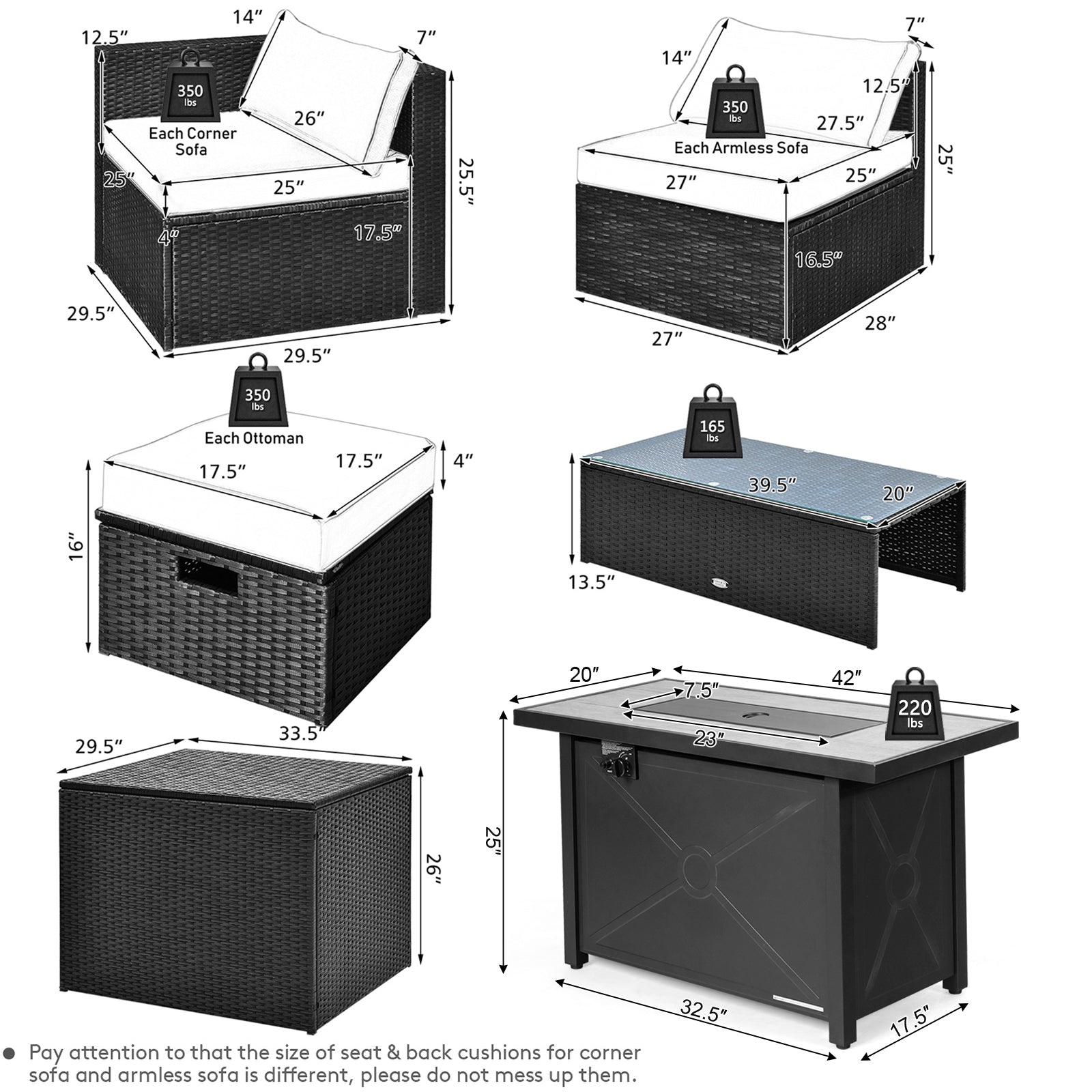 Dimensions guide for 9 Pieces Outdoor PE Rattan Wicker Sectional Sofa with 42 Inch 60 000 BTU Gas Fire Pit Table-Gray