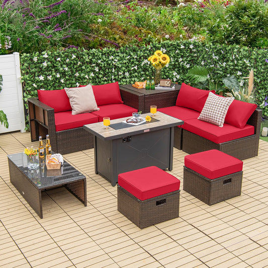 9 Pieces Outdoor Patio Furniture Set with 42 Inch Propane Fire Pit Table-Red arranged on a wooden deck.