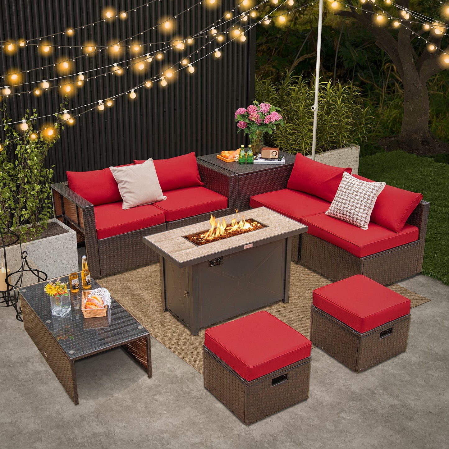 9 Pieces Outdoor Patio Furniture Set with 42 Inch Propane Fire Pit Table-Red, featuring elegant design and cozy seating.