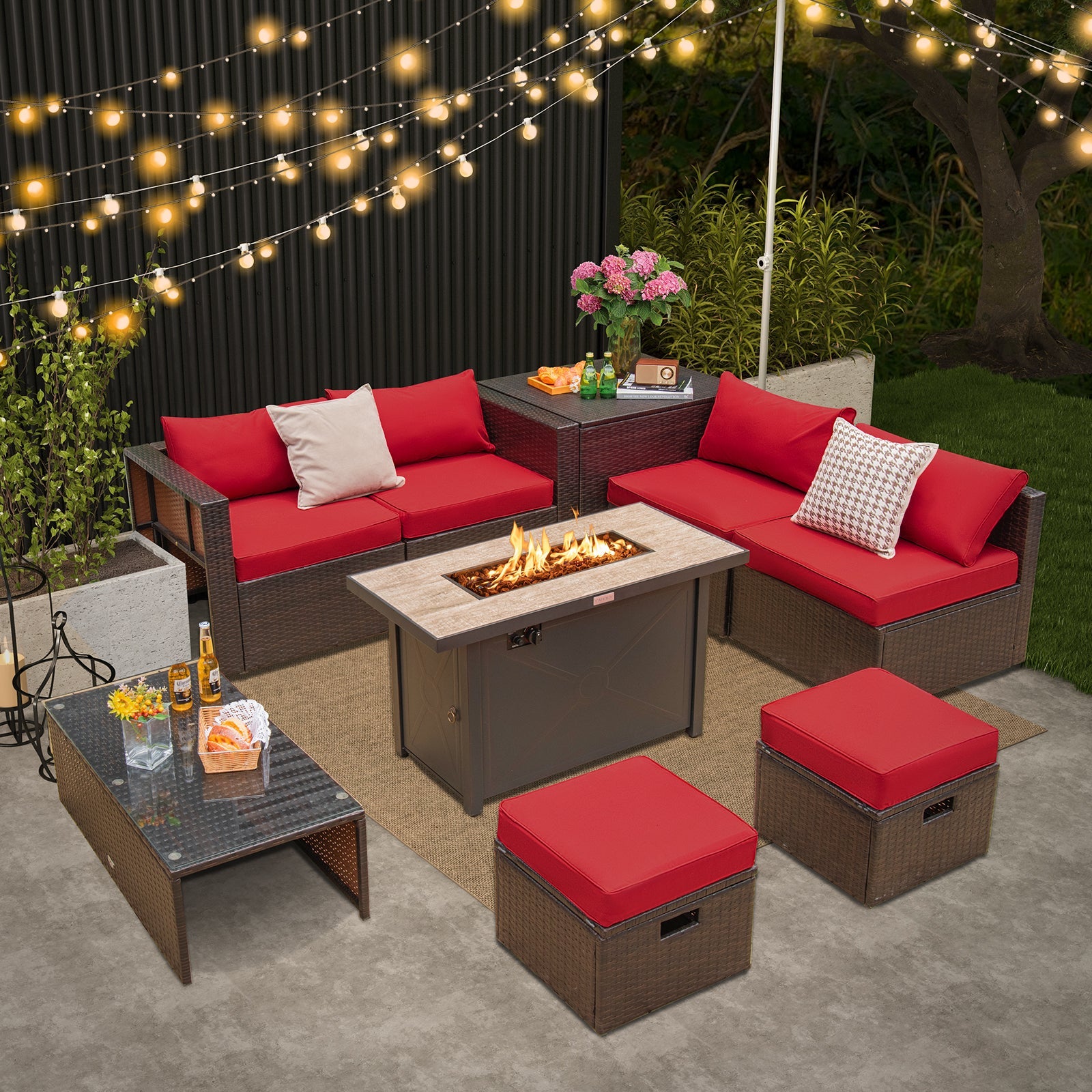 9 Pieces Outdoor Patio Furniture Set with 42 Inch Propane Fire Pit Table-Red, featuring elegant design and cozy seating.