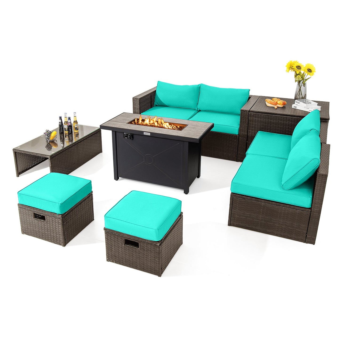 9 Pieces Outdoor Patio Furniture Set with 42 Inch Propane Fire Pit Table
