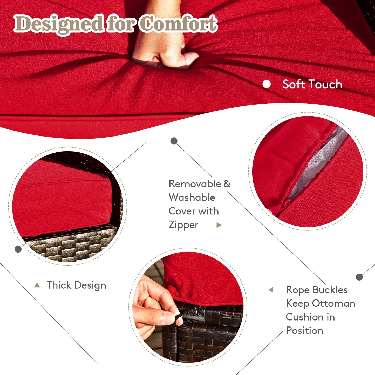 Close-up of red cushion features for 9 Pieces Outdoor Patio Furniture Set with 42 Inch Propane Fire Pit Table-Red, showcasing comfort.