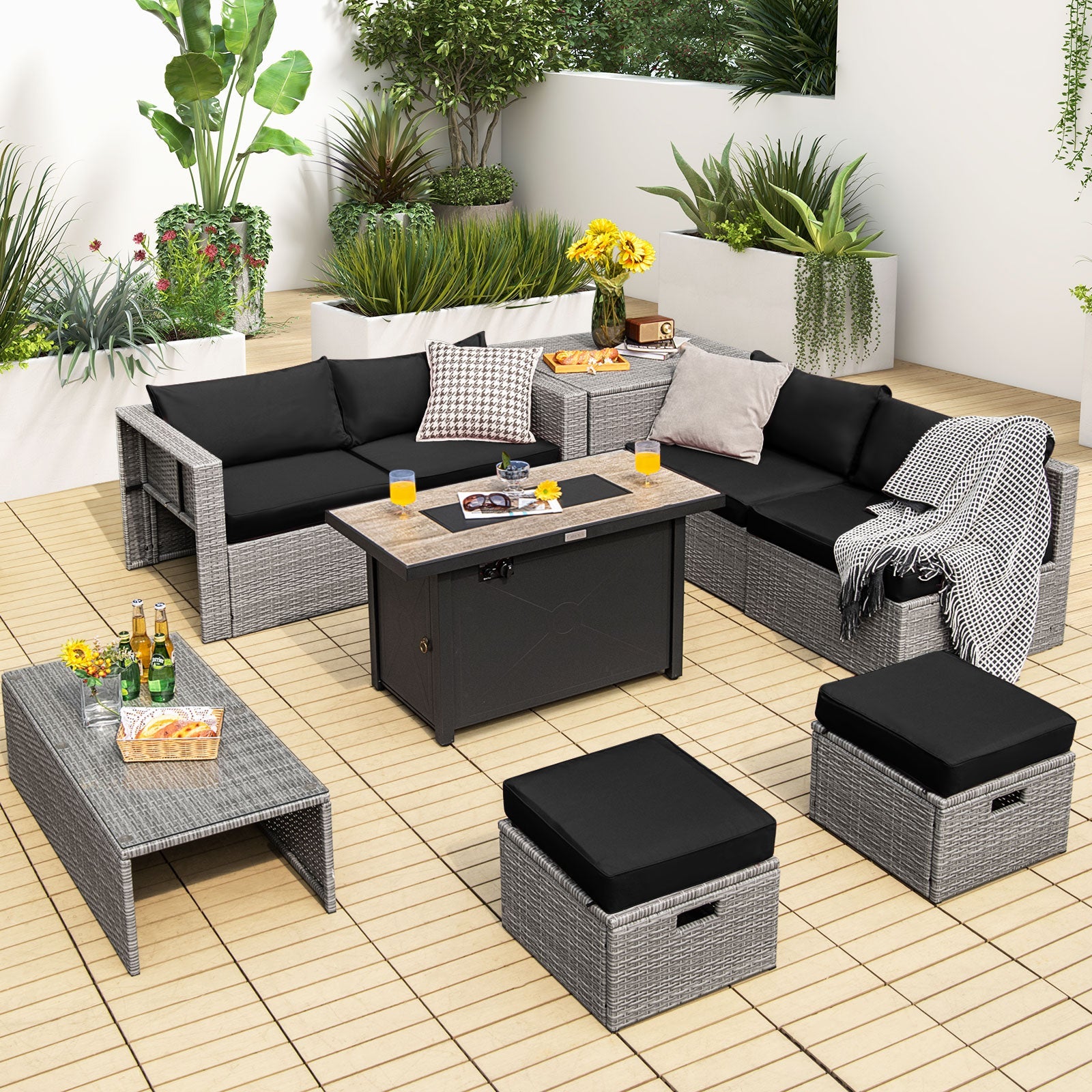 9 Pieces Patio Furniture Set with 42 Inches 60000 BTU Fire Pit-Black on modern terrace with plants
