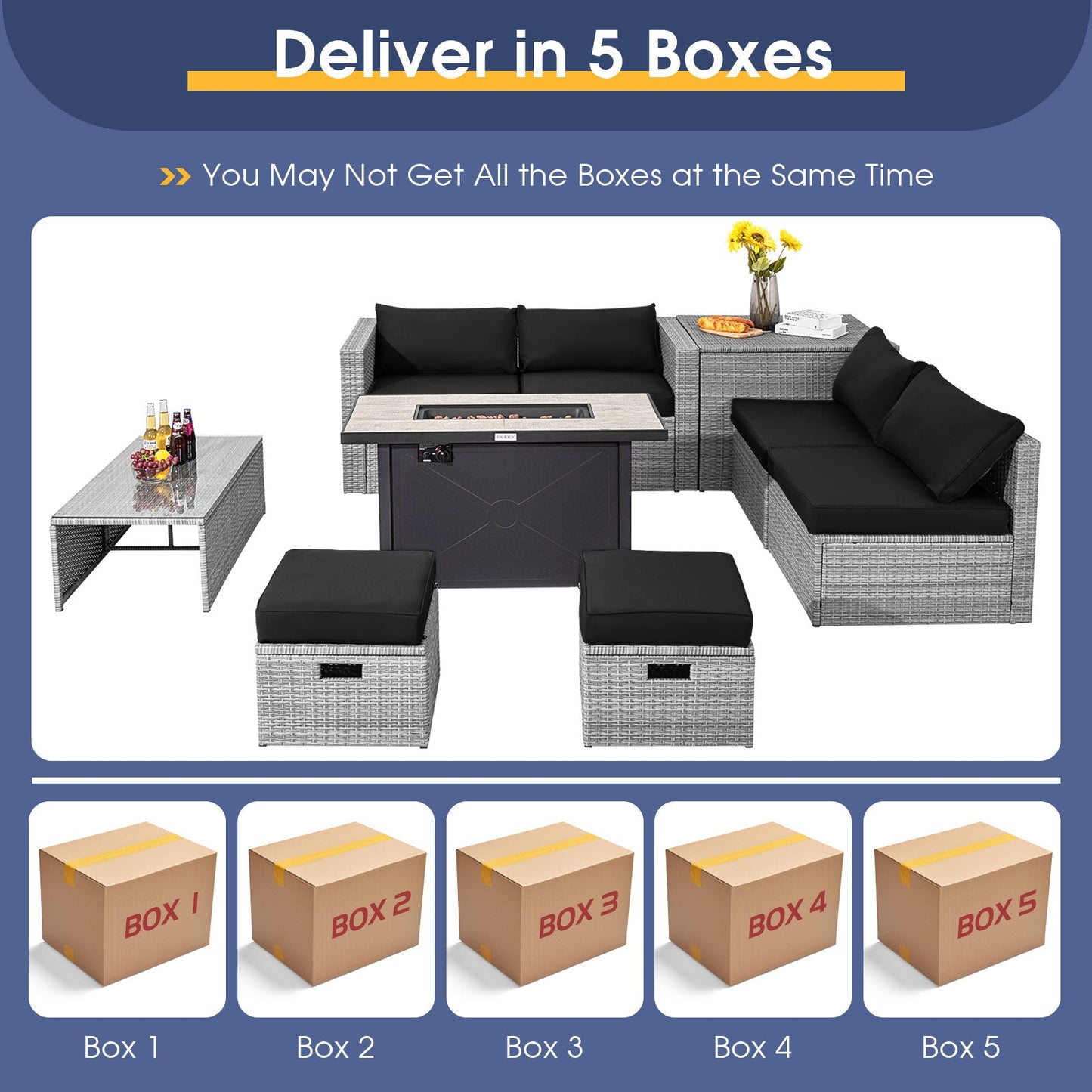 9 Pieces Patio Furniture Set with 42 Inches 60000 BTU Fire Pit-Black, showing sectional and boxed delivery illustration