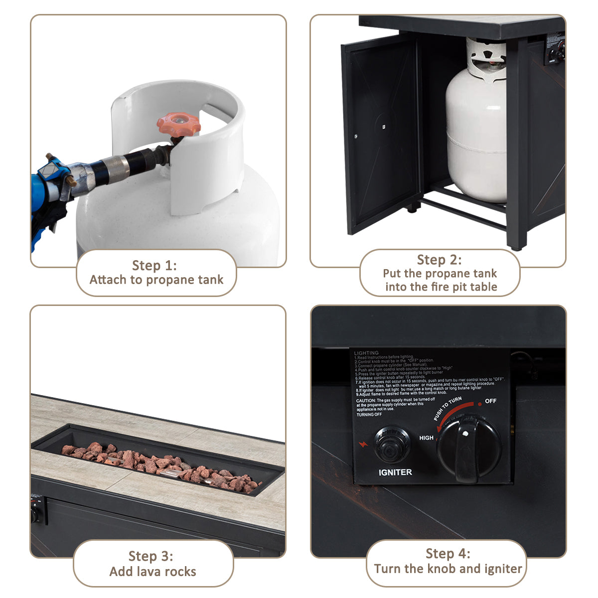 Instructions for setting up 9 Pieces Patio Furniture Set with 42 Inches 60000 BTU Fire Pit-Black, including attaching propane tank and using ignition.