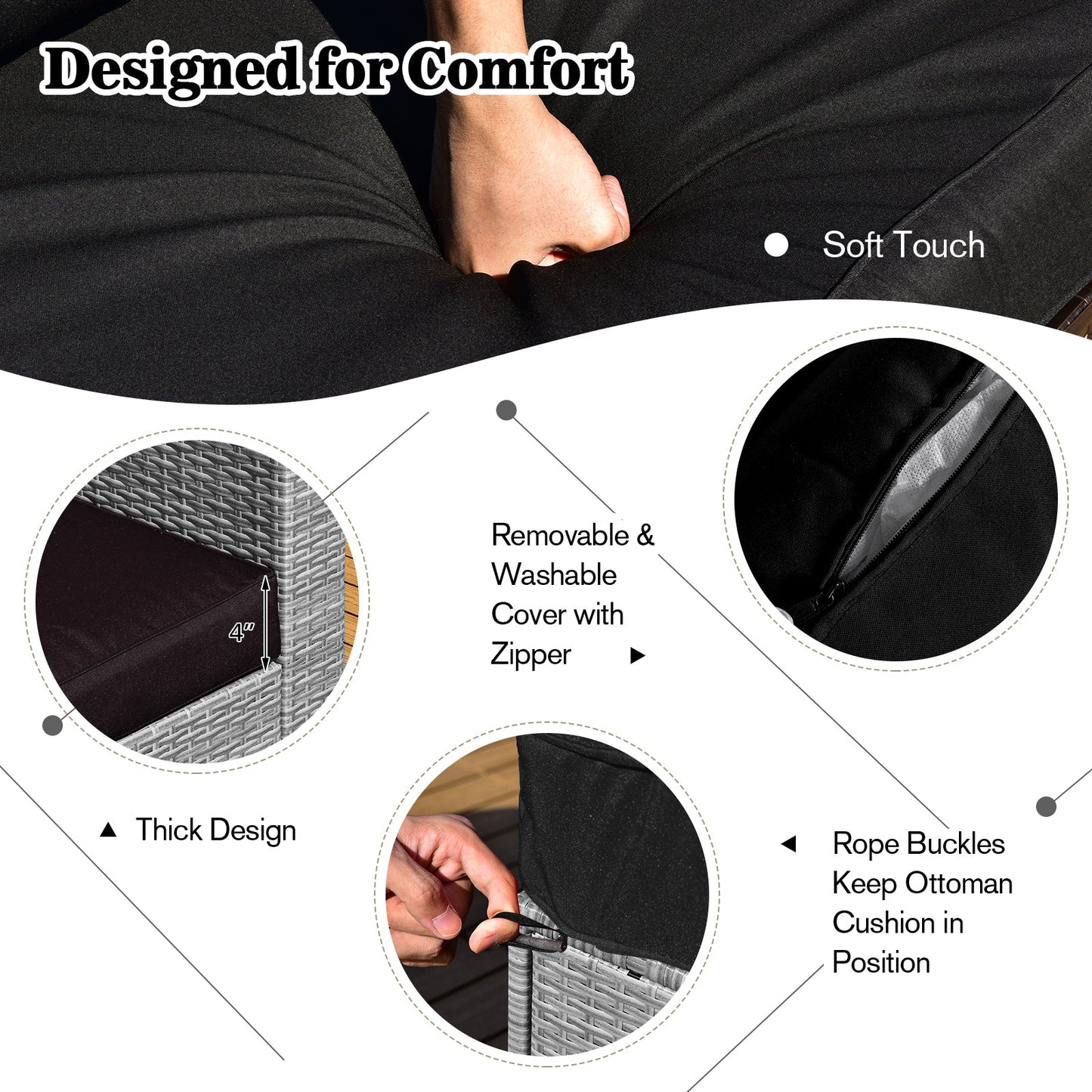 Close-up of patio furniture design details featuring soft touch fabric, removable cover with zipper, and ottoman cushion rope buckles.