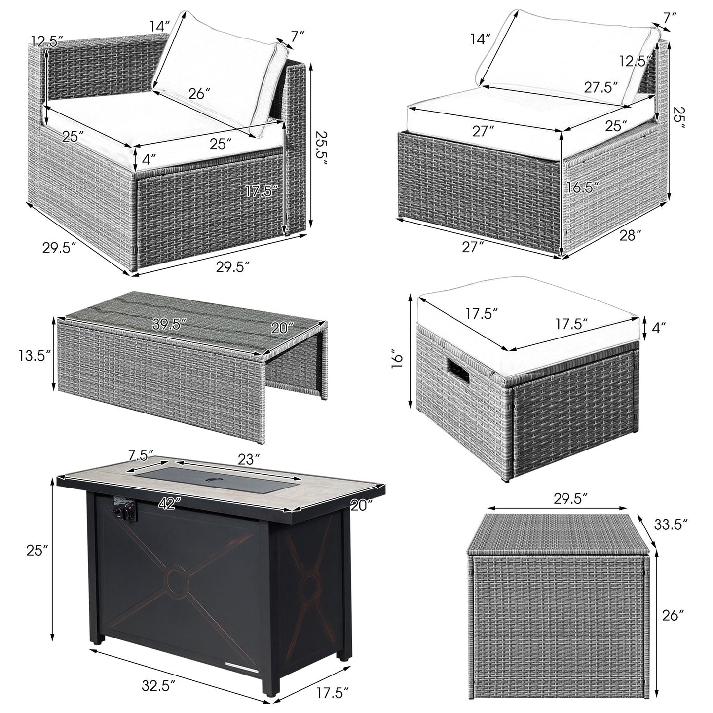 9 Pieces Patio Furniture Set with 42 Inches 60000 BTU Fire Pit-Black in detailed dimensions and wicker design