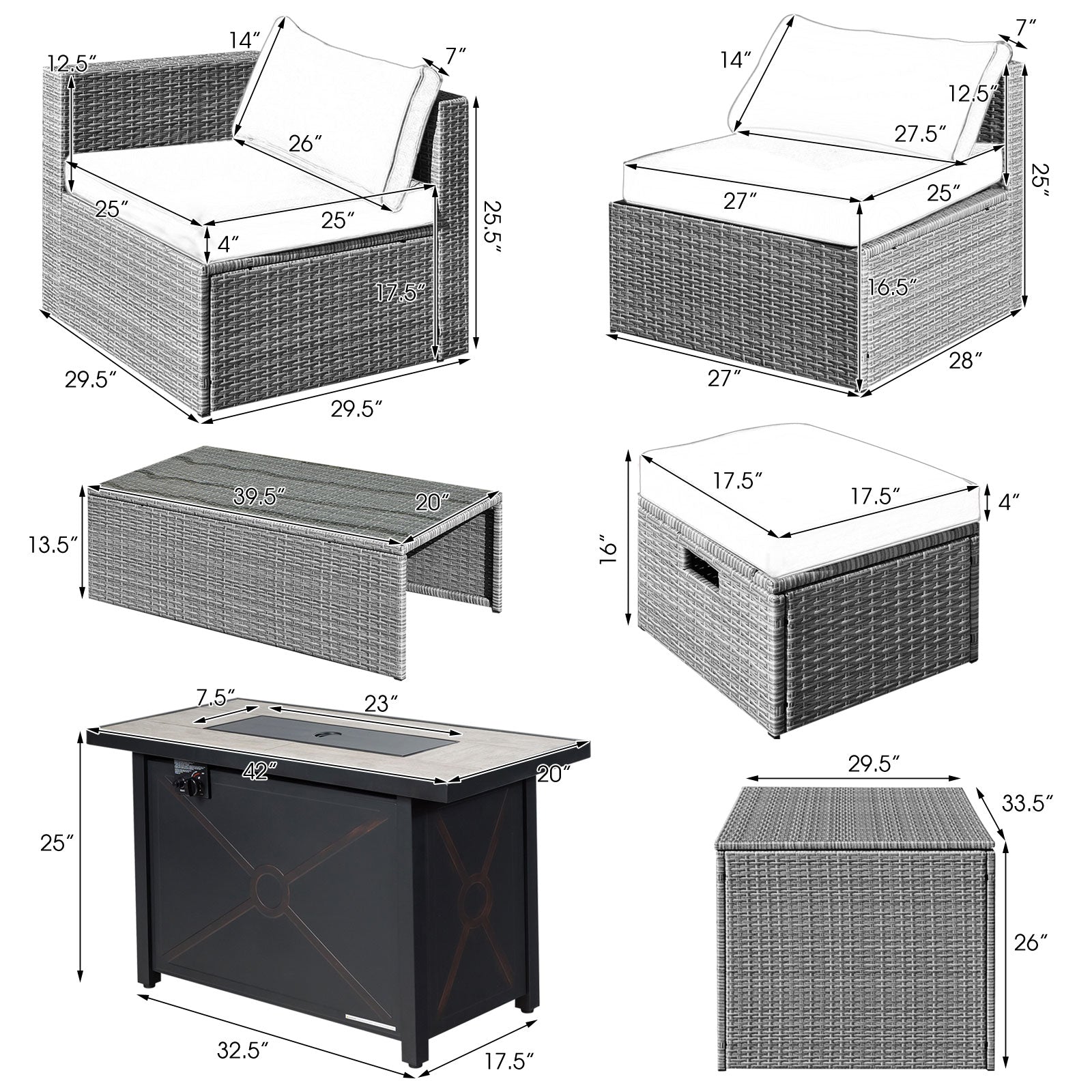 9 Pieces Patio Furniture Set with 42 Inches 60000 BTU Fire Pit-Black in detailed dimensions and wicker design