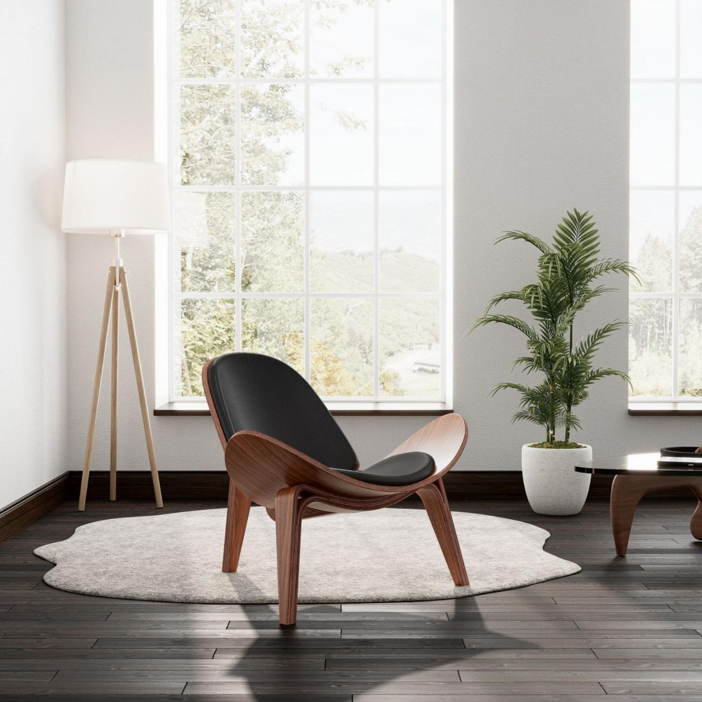 Modern living room featuring Vegan Leather Vigore Lounge Chair with wood frame, next to tall window and indoor plant.