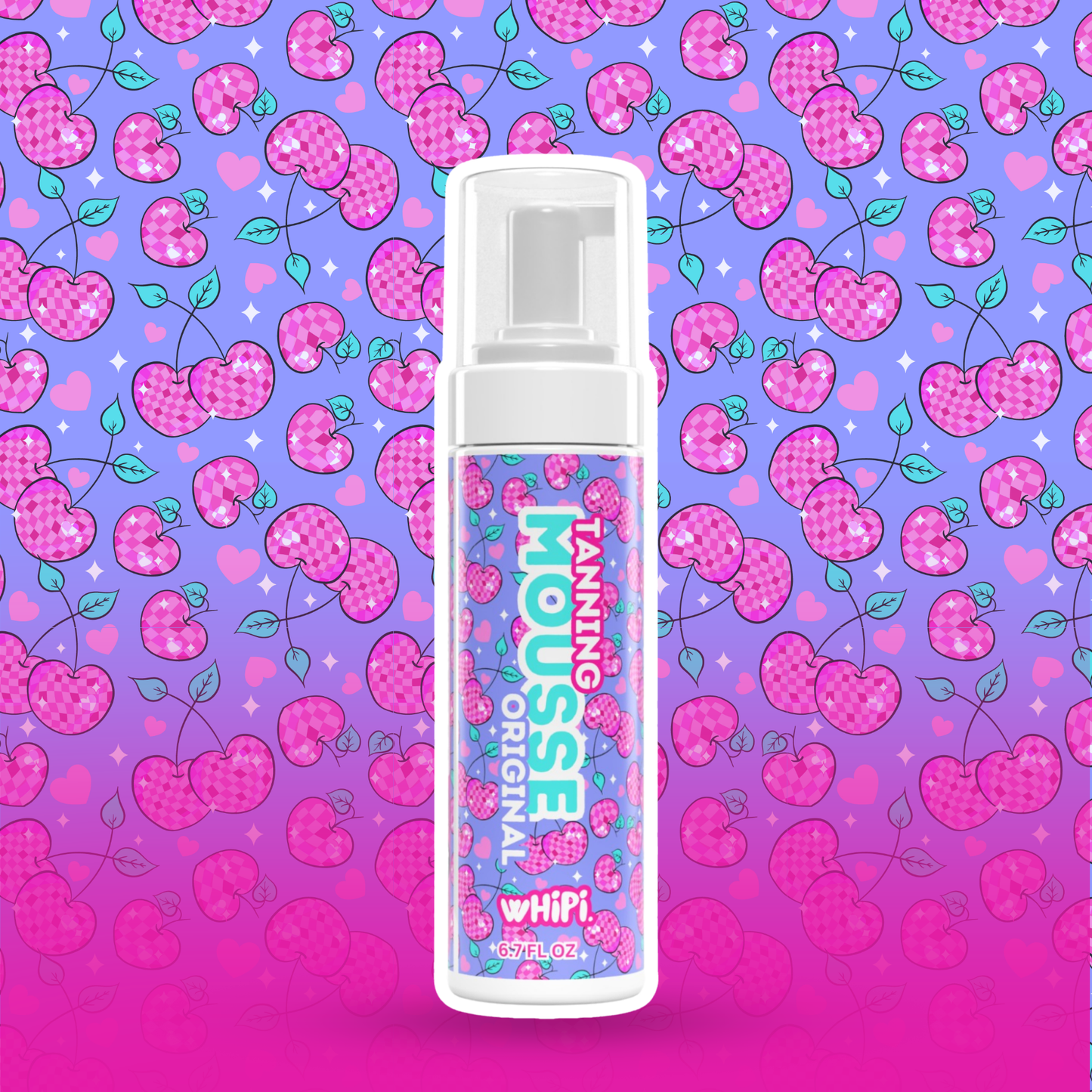 Tanning Mousse-Original bottle with cherry design on vibrant background, promising a natural, sun-kissed glow with added hydration.