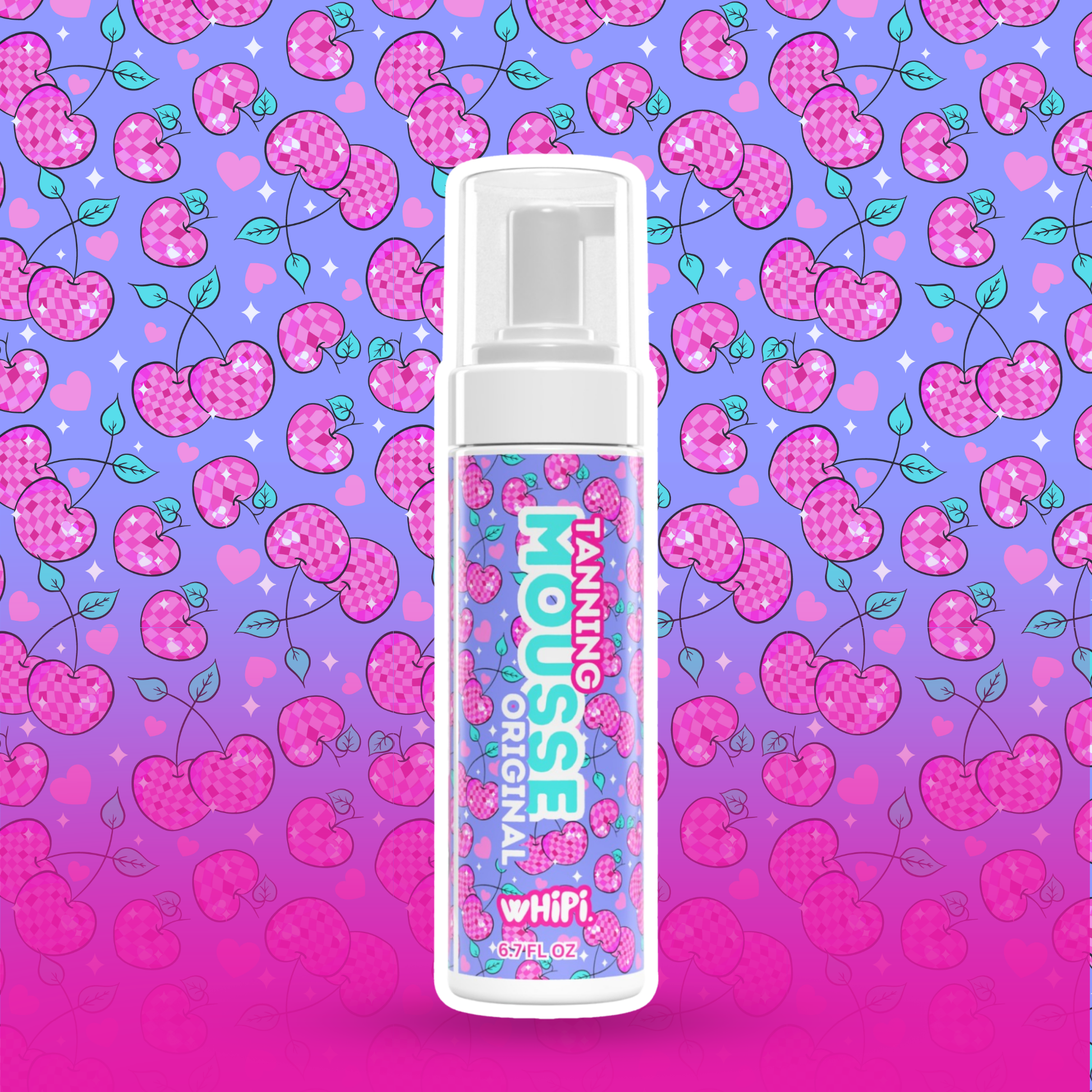Tanning Mousse-Original bottle with cherry design on vibrant background, promising a natural, sun-kissed glow with added hydration.
