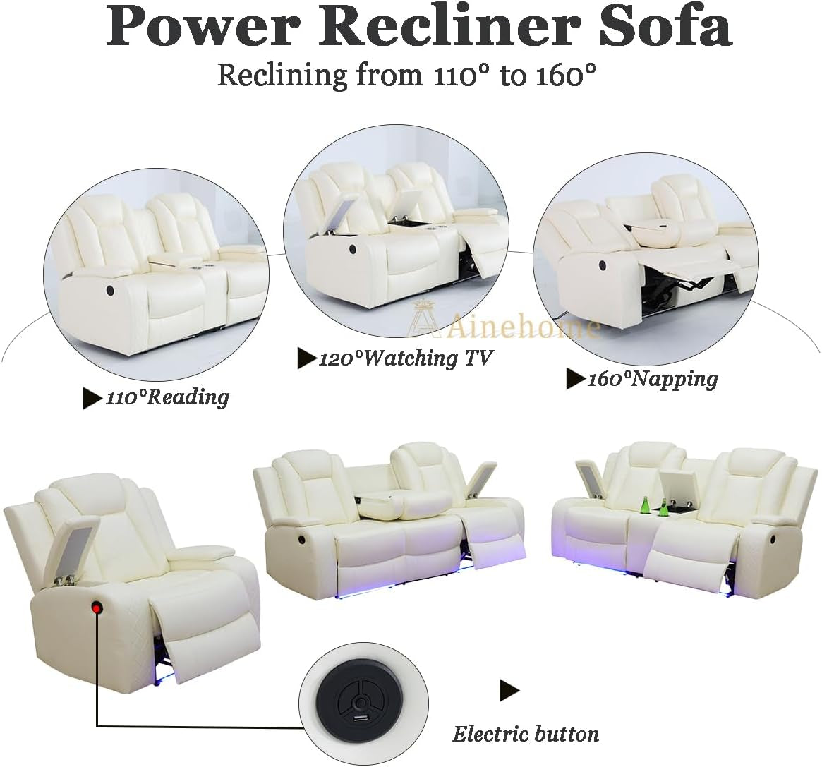 Power Recliner Sofa Set With Wireless Charging Creamy White featuring multiple reclining angles and electric controls