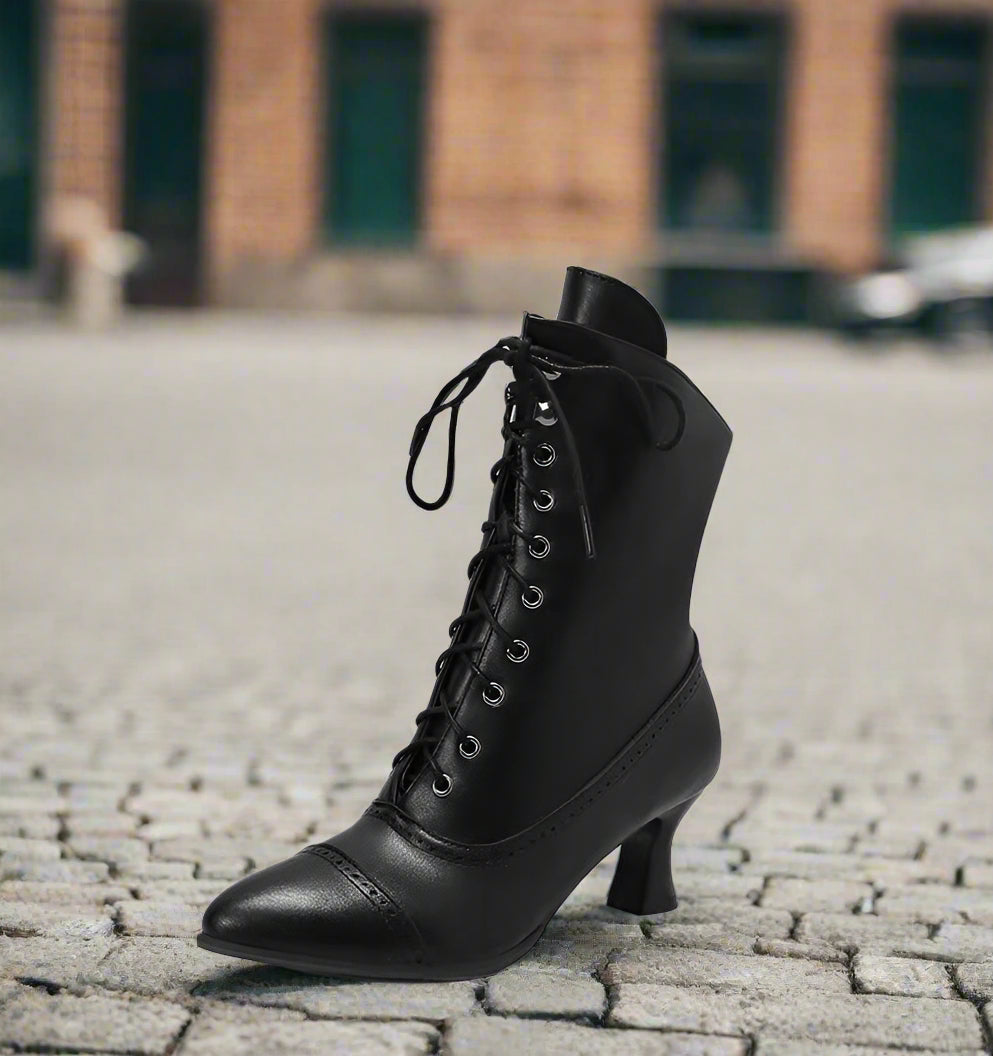 Women’s High Heel Martin Boots – British Style Motorcycle Fashion with wine glass heel on cobblestone street