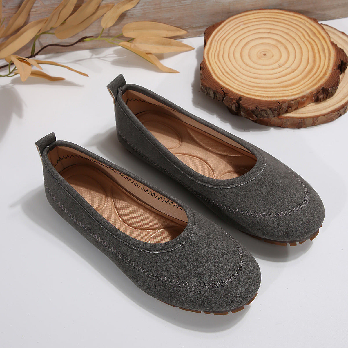 Women’s Low-Cut Round Toe Loafers – Slip-On Flat Casual Shoes in grey on display.