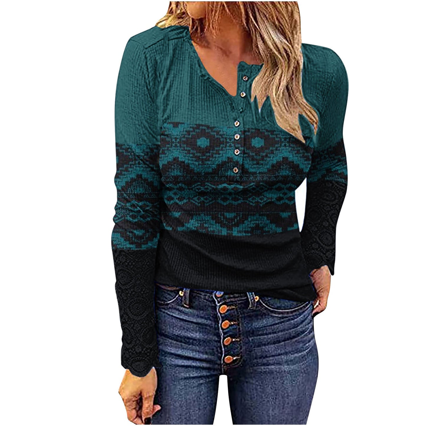 Desert Sunset Cowgirl Knit Top with geometric patterns, V-neck, button detail, long sleeves; stylish and comfortable western boho fashion.