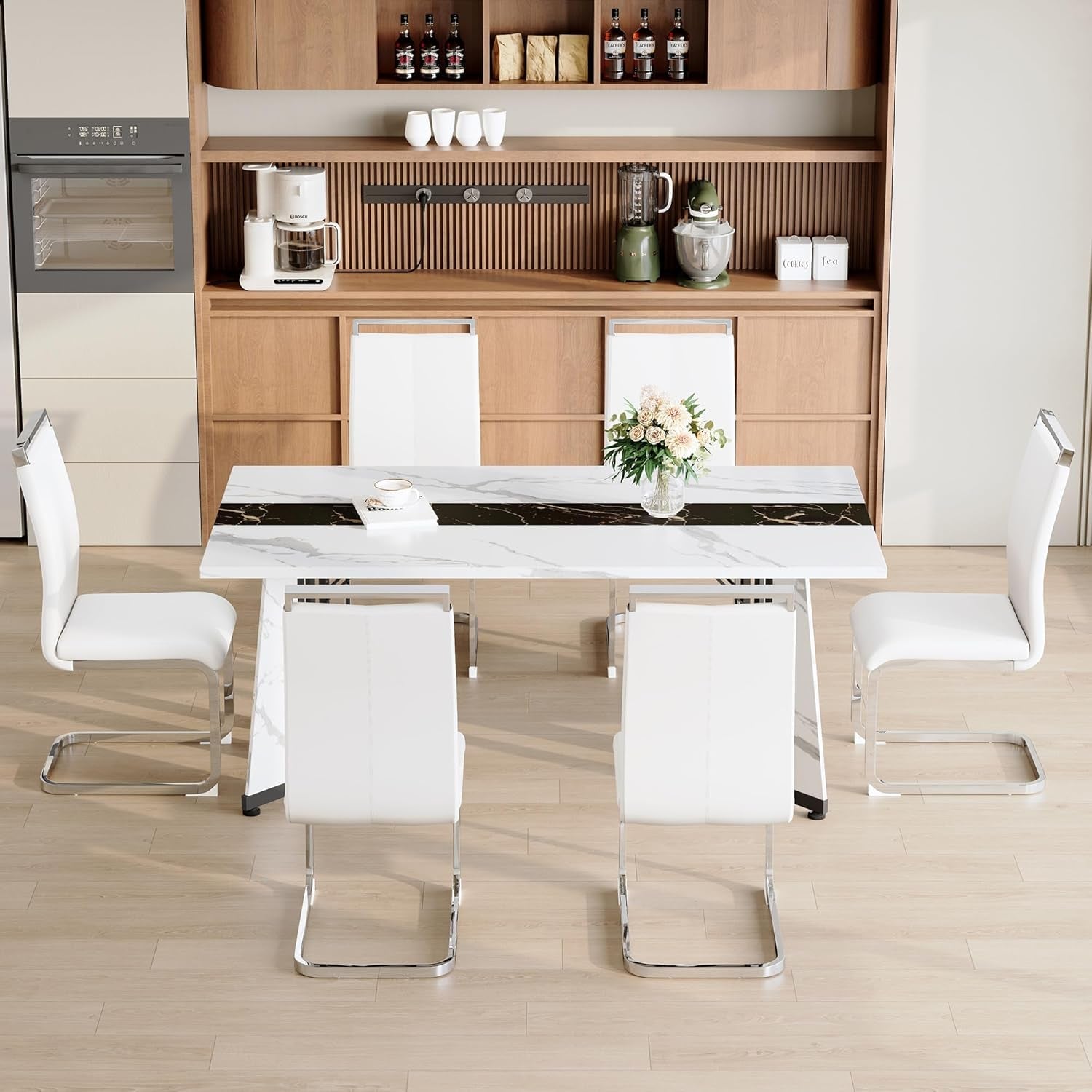 Dining Table Set For Six Seventy One Inch White Marble Top Leather Chairs in modern kitchen setting