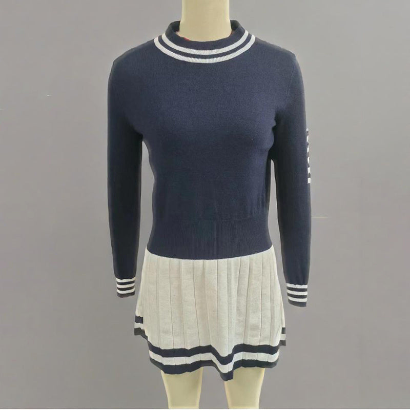 Women's Long Sleeve Sweater Dress with color block design and crewneck, featuring a modern A-line mini silhouette for fall.