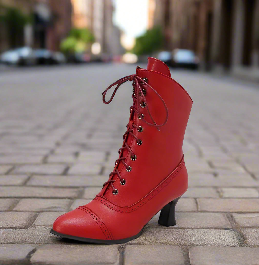Women’s High Heel Martin Boots – British Style Motorcycle Fashion, red lace-up heel boot on a city street backdrop.