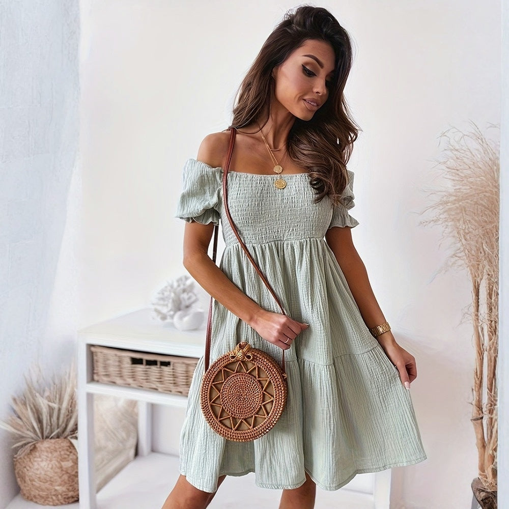 Casual One Word Collar Wrinkle Puff Sleeve Mid Dresses